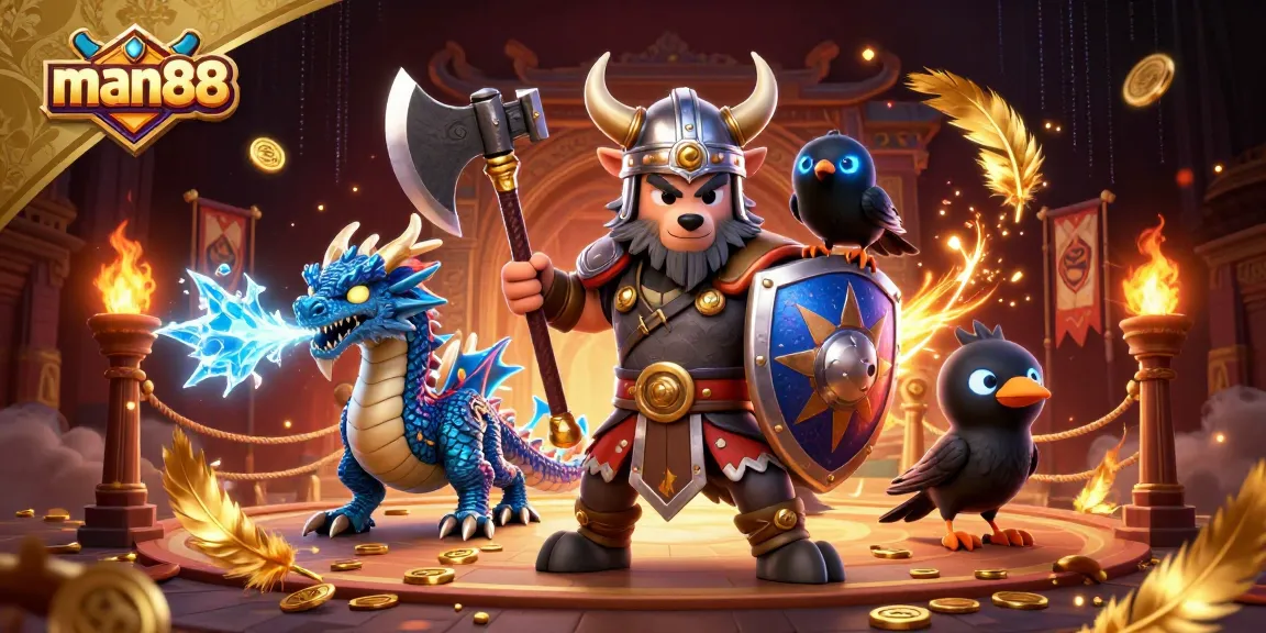 Experience thrilling adventures with man88 in this 3D fantasy gambling scene featuring fierce warriors and vibrant game elements.