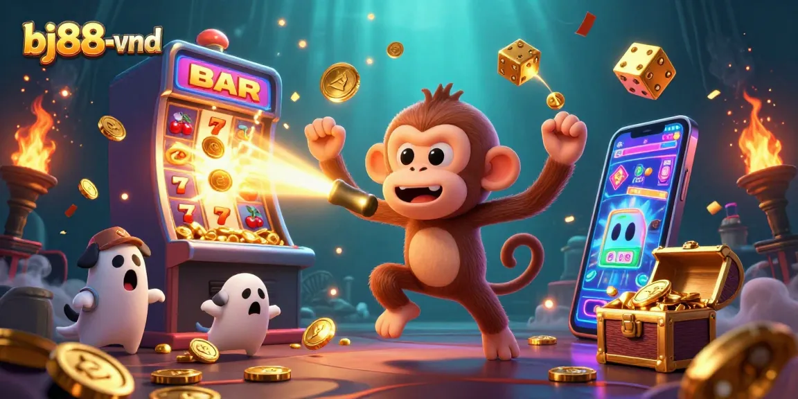 Experience big wins at bj88-vnd with a thrilling casino scene featuring playful spirits and golden treasures!